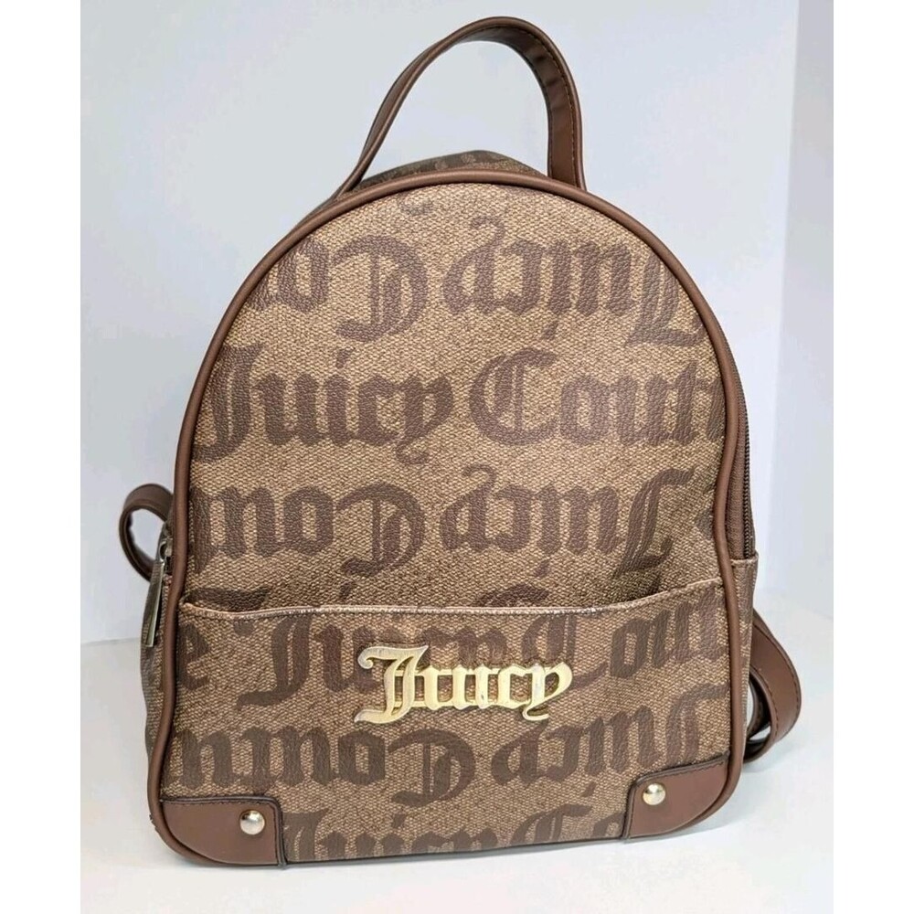 Juicy Couture Brown Logo Monogram Backpack Gold Hardware Old English Script Y2K
